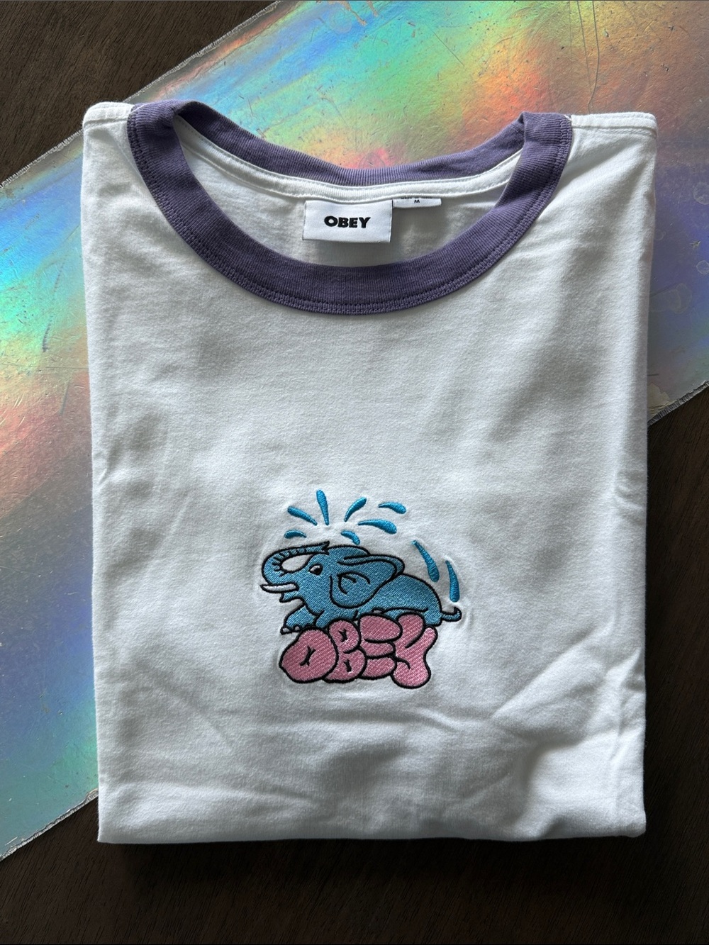 Obey White & Purple Ringer Short Sleeve Tee Shirt with Blue Elephant Embroidery